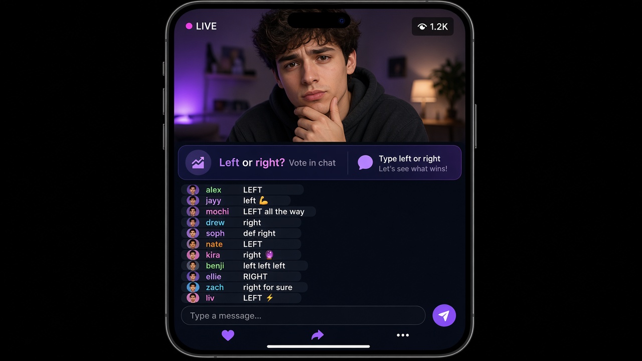 Phone screen showing a live Twitch chat with a "Left or right?" vote prompt