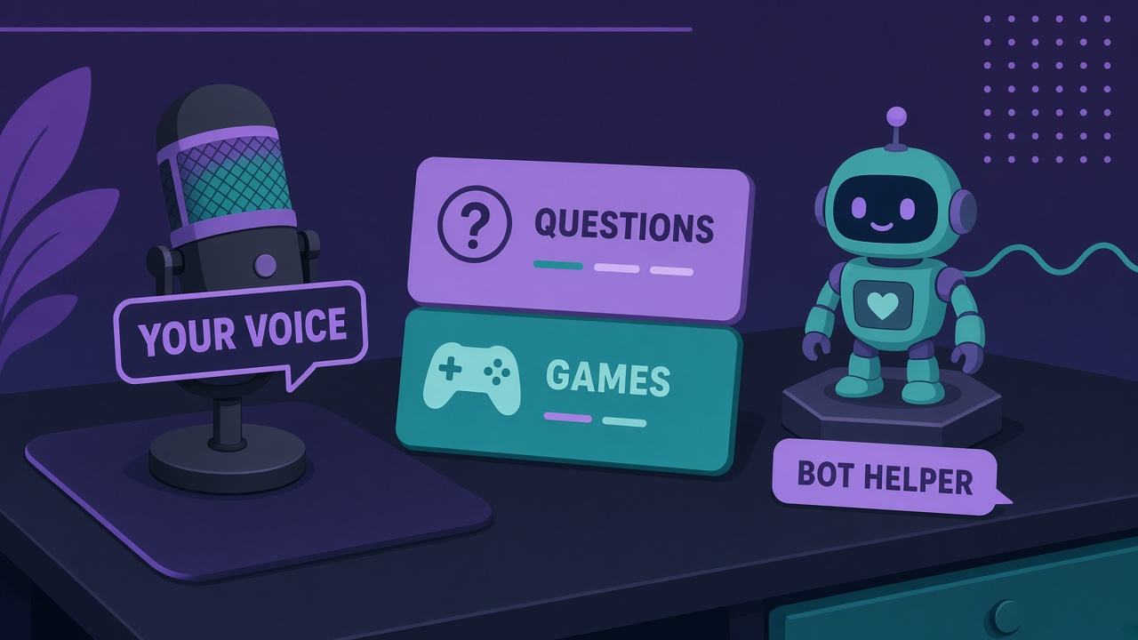 Flat illustration of a streamer's desk with a microphone labeled 'your voice', question and game cards, and a small bot helper figurine